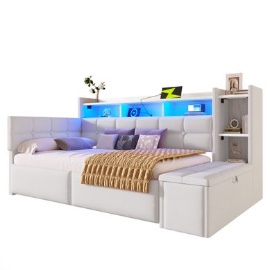 Lit 90 X 190 Cm Avec LED, USB, 2 Tiroirs, 5 Niches Et Banc De Lit Avec Rangement Velours Blanc Lit 90 X 190 Cm Avec LED, USB, 2 Tiroirs, 5 Niches Et Banc De Lit Avec Rangement Velours Blanc