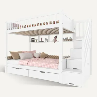 Lit Superposé 2 X 90 X 200cm Avec Avec Escalier De Rangement, étagères Et 2 Tiroirs Blanc Lit Superposé 2 X 90 X 200cm Avec Avec Escalier De Rangement, étagères Et 2 Tiroirs Blanc