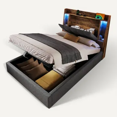 Lit Coffre 90x200 Cm Avec LED, USB Et Tête De Lit Avec Rangement Lin, Gris - Lit Simple Lit Coffre 90x200 Cm Avec LED, USB Et Tête De Lit Avec Rangement Lin, Gris - Lit Simple