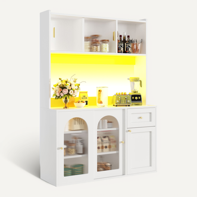 Buffet De Cuisine Avec LED, 1 Porte, 4 Portes Coulissantes Et 1 Tiroir Blanc
