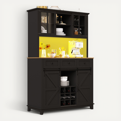 Buffet De Cuisine Avec LED, 2 Portes, 2 Portes Coulissantes Et 3 Tiroirs Noir