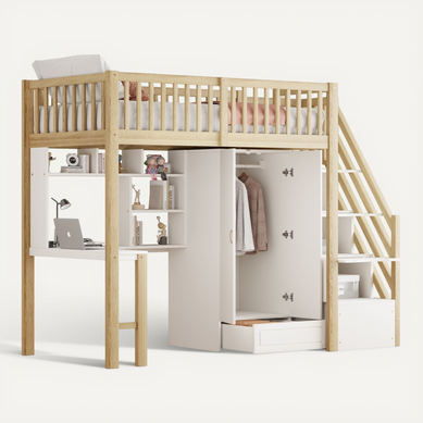 Lit Mezzanine 90x200 Cm Avec Bureau, Étagères, Escalier De Rangement Et Armoire Blanc Lit Mezzanine 90x200 Cm Avec Bureau, Étagères, Escalier De Rangement Et Armoire Blanc