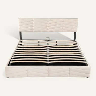 Lit 180x200 Cm Rembourré En Beige Velours Luxe Avec Coffre