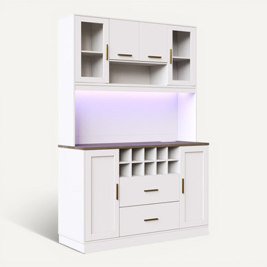 Buffet De Cuisine Avec LED, 6 Portes, 2 Tiroirs Et Cave à Vin Blanc