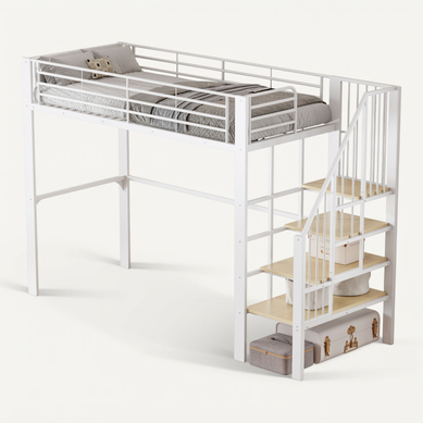 Lit Mezzanine 90x200 Cm Lit Métal Avec Rangement Et Escalier, Blanc Lit Mezzanine 90x200 Cm Lit Métal Avec Rangement Et Escalier, Blanc