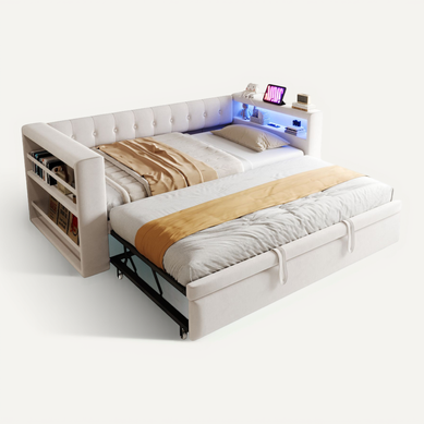 Lit Gigogne Lit Rembourré 90/180x190 Cm Canapé-lit Avec LED, Prise Et Rangement, Beige Lit Gigogne Lit Rembourré 90/180x190 Cm Canapé-lit Avec LED, Prise Et Rangement, Beige