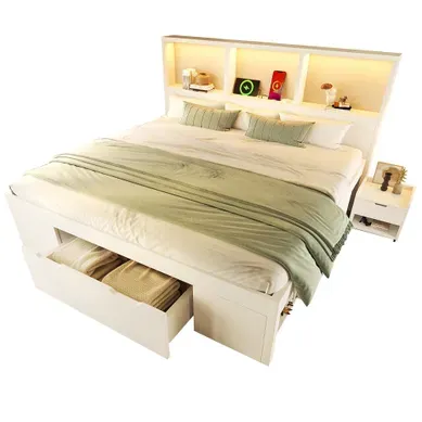 Lit 140x190 Cm Avec LED, USB, 1 Tiroir, 2 Table De Chevet Et Plusieurs Niches Blanc Lit 140x190 Cm Avec LED, USB, 1 Tiroir, 2 Table De Chevet Et Plusieurs Niches Blanc