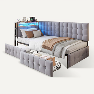 Lit Enfant 90x200 Cm Avec 2 Tiroirs, LED, USB Et Port Type-c, Gris Lit Enfant 90x200 Cm Avec 2 Tiroirs, LED, USB Et Port Type-c, Gris