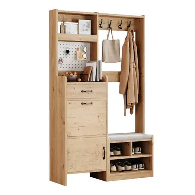 Ensemble Meuble D'entrée Avec 4 Crochets, Banc À Chaussures, Tiroir Et 2 Portes, Bois