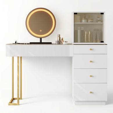 Coiffeuse 120x40x120 Cm Avec LED, 5 Tiroirs Et 1 Armoire, Blanc
