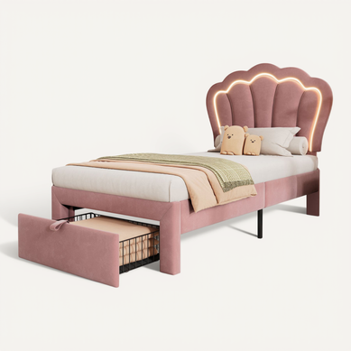 Lit Enfant 90 X 190 Cm Avec LED, Tête De Lit Réglable Et Tiroirs Velours Rose Lit Enfant 90 X 190 Cm Avec LED, Tête De Lit Réglable Et Tiroirs Velours Rose