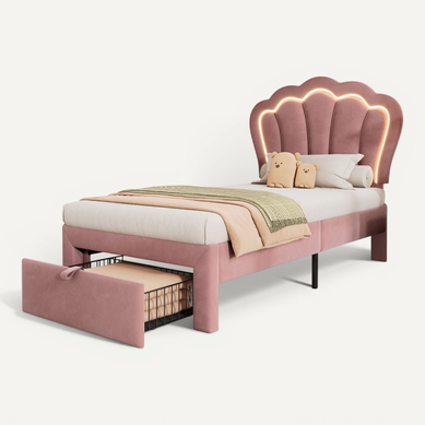 Lit Enfant 90 X 200 Cm Avec LED, Tête De Lit Réglable Et Tiroirs Velours Rose Lit Enfant 90 X 200 Cm Avec LED, Tête De Lit Réglable Et Tiroirs Velours Rose
