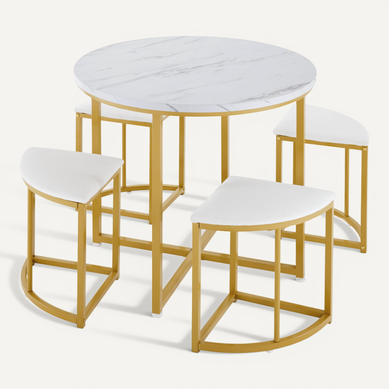Ensemble Table Et Assise Avec 1 Table Ronde Et 4 Tabourets En Forme D'éventail Blanc Ensemble Table Et Assise Avec 1 Table Ronde Et 4 Tabourets En Forme D'éventail Blanc