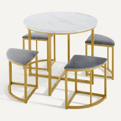 Ensemble Table Et Assise Avec 1 Table Ronde Et 4 Tabourets En Forme D'éventail Gris Ensemble Table Et Assise Avec 1 Table Ronde Et 4 Tabourets En Forme D'éventail Gris