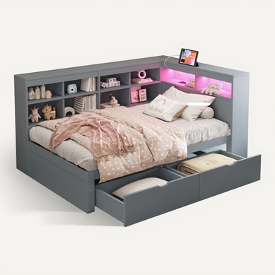 Lit Enfant 90x200 Cm Avec LED, USB, Tiroirs,rangement Et étagères, Gris Lit Enfant 90x200 Cm Avec LED, USB, Tiroirs,rangement Et étagères, Gris