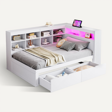 Lit Enfant 90x200 Cm Avec LED, USB, Tiroirs,rangement Et étagères, Blanc Lit Enfant 90x200 Cm Avec LED, USB, Tiroirs,rangement Et étagères, Blanc