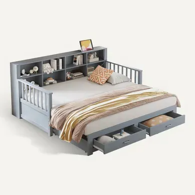 Lit Gigogne 90/180x190 Cm Convertible Avec 2 Tiroirs, Gris Lit Gigogne 90/180x190 Cm Convertible Avec 2 Tiroirs, Gris