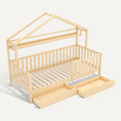 Lit Enfant 90x200 Cm Maison Avec 2 Tiroirs Et Sommier, Bois Lit Enfant 90x200 Cm Maison Avec 2 Tiroirs Et Sommier, Bois