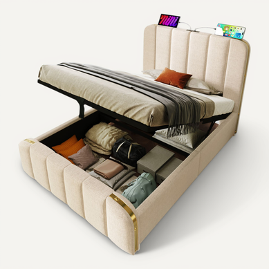 Lit Enfant 90x200 Cm Avec USB-c Et Rangement Hydraulique, Beige Lit Enfant 90x200 Cm Avec USB-c Et Rangement Hydraulique, Beige