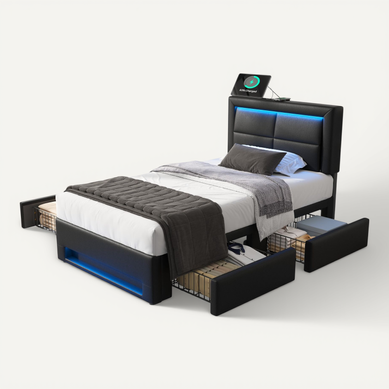 Lit Enfant 90x200 Cm Avec USB, LED Et 4 Tiroirs, Pu Cuir, Noir Lit Enfant 90x200 Cm Avec USB, LED Et 4 Tiroirs, Pu Cuir, Noir