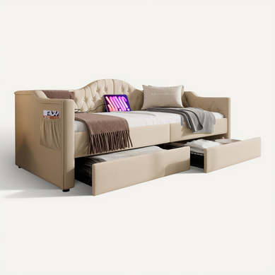 Lit 90x190cm Avec USB Et 2 Tiroirs Lin Beige Lit 90x190cm Avec USB Et 2 Tiroirs Lin Beige