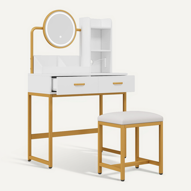 Coiffeuse Avec Miroir LED Et Tabouret Blanc