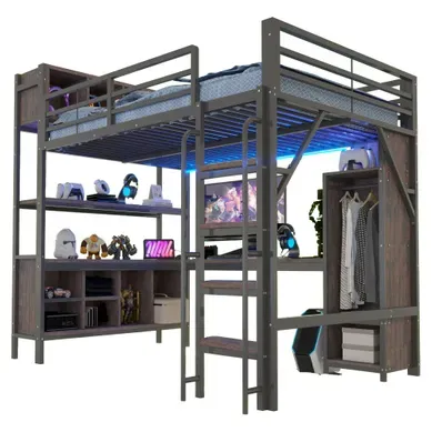 Lit Mezzanine 140x200 Cm, LED, Prises Aux Normes Européennes Et Barrière De Sécurité Haute, Noir