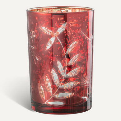 Photophore Déco En Verre "feuilles" 18cm Rouge