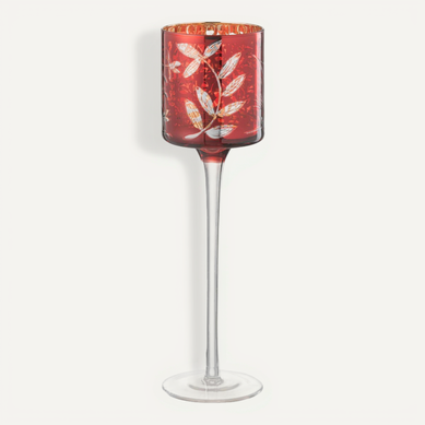 Photophore Sur Pied En Verre "feuilles" 25cm Rouge