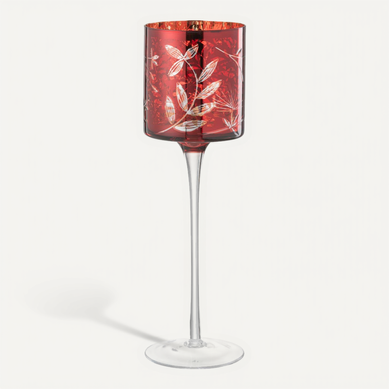 Photophore Sur Pied En Verre "feuilles" 30cm Rouge