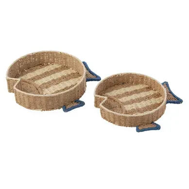 Lot De 2 Plateaux Déco "poissons" 43cm Naturel et Bleu