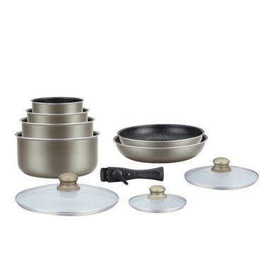 Batterie De Cuisine Revetement Pierre Avec Manche Amovible 10 Pieces Carbon  Hg5000-car