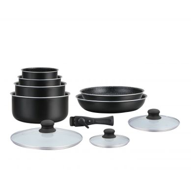 Batterie De Cuisine Revêtement Pierre Avec Manche Amovible 10 Pieces Noir  Ha04630-blk