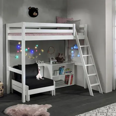 Lit Surélevé 90x200 Cm Avec Fauteuil Et Bibliothèque Blanc - Pino Lit Surélevé 90x200 Cm Avec Fauteuil Et Bibliothèque Blanc - Pino