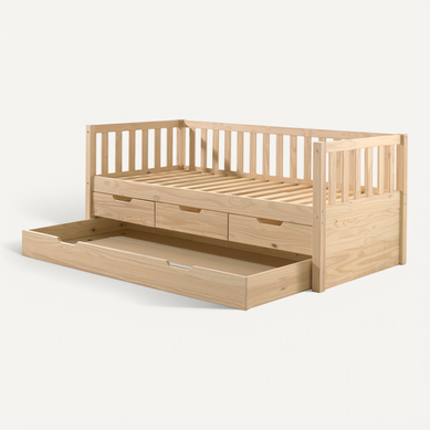 Lit Banquette 90x200 Sommier 3 Tiroirs Et Tiroir De Lit Inclus Fritz - Bois Lit Banquette 90x200 Sommier 3 Tiroirs Et Tiroir De Lit Inclus Fritz - Bois