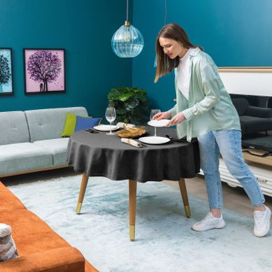 Nappe Ronde, Gris Foncé, Aspect Lin, Imperméable, Lavable En Machine, Réversible, 140 Cm Nappe Ronde, Gris Foncé, Aspect Lin, Imperméable, Lavable En Machine, Réversible, 140 Cm