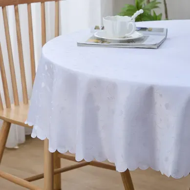 Nappe Ronde Blanche Jacquard, Imperméable, Bord Ondulé, Infroissable Et Résistante Aux Rayures Nappe Ronde Blanche Jacquard, Imperméable, Bord Ondulé, Infroissable Et Résistante Aux Rayures