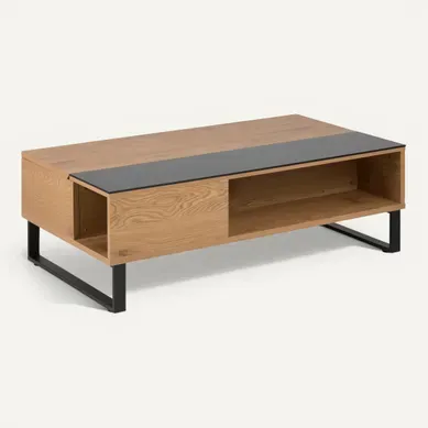Table basse plateau relevable AZALEA Noir et imitation chêne vue 3/4