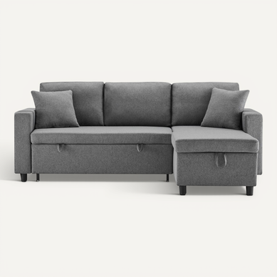 Canapé D'angle Convertible En Tissu Lin Gris Méridienne Réversible 3 Places Canapé D'angle Convertible En Tissu Lin Gris Méridienne Réversible 3 Places