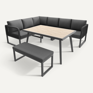 Salon De Jardin Modulable 6-8 Personnes En Rotin Pe Gris Et Table Et Banc, Coussins Épais