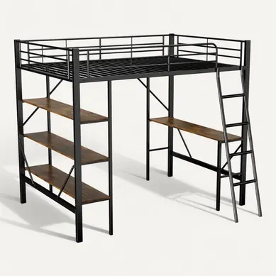 Lit Mezzanine Métallique Noir Avec Bureau Et Étagères 90x200 Cm Lit Mezzanine Métallique Noir Avec Bureau Et Étagères 90x200 Cm