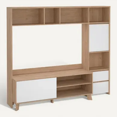 Living TV 2P/2T MOSS blanc laqué / imitation chêne vue 3/4