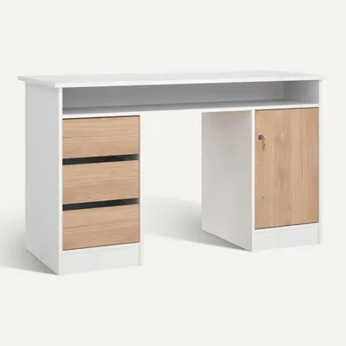 Bureau 3 tiroirs 1 porte CLASS blanc et imitation chêne Bureau 3 tiroirs 1 porte CLASS blanc et imitation chêne vue 3/4