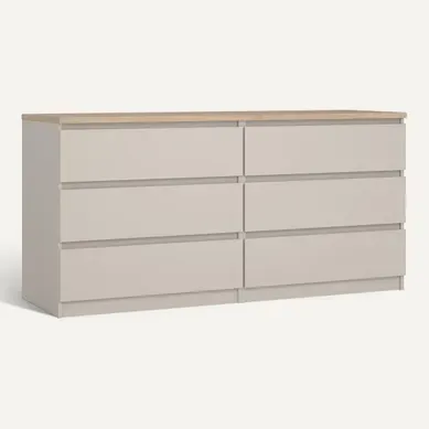 Commode 2X3 tiroirs - grège et imitation chêne vue 3/4