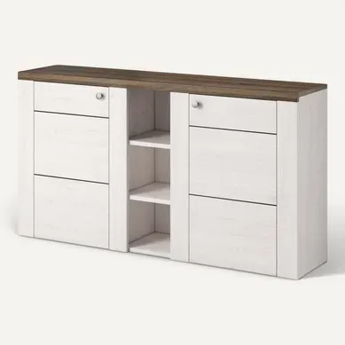 Buffet Voltia Avec 2 Portes Et 3 Niches - Blanc / Chêne