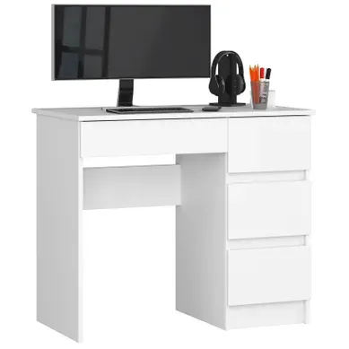 Bureau D'ordinateur Akord Droit A7 Blanc 90 Cm 4 Tiroirs Façade Blanche 90x50x77 Cm