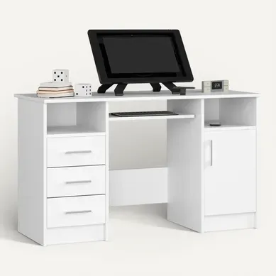 Bureau D'ordinateur Akord Ana Blanc 124 Cm 1 Porte 3 Tiroirs Façade Blanche 5 étagères 124x52x74 Cm