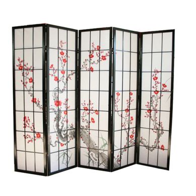 Paravent Japonais Fleur De Cerisier En Bois Noir De 5 Pans, L220 X H175 X P2 Cm Paravent Japonais Fleur De Cerisier En Bois Noir De 5 Pans, L220 X H175 X P2 Cm