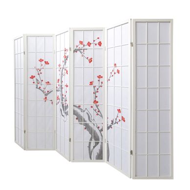 Paravent Japonais Fleur De Cerisier En Bois Blanc De 6 Pans, L264 X H175 X P2 Cm Paravent Japonais Fleur De Cerisier En Bois Blanc De 6 Pans, L264 X H175 X P2 Cm