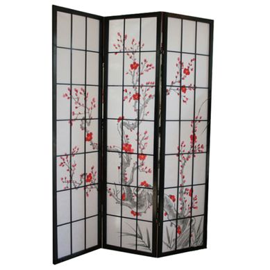 Paravent Japonais Fleur De Cerisier En Bois Noir De 3 Pans, L132 X H175 X P2 Cm Paravent Japonais Fleur De Cerisier En Bois Noir De 3 Pans, L132 X H175 X P2 Cm